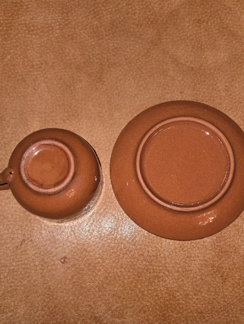 Bulgarian Troyan Hand-Painted Brown Ceramic Tea Set with White and Blue Accents